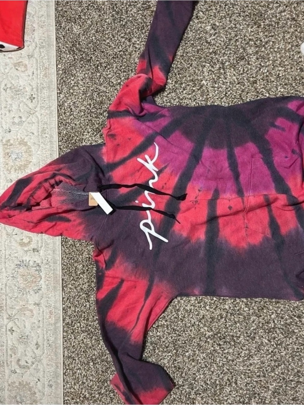 PINK Victoria's Secret Red and Purple Tie-Dye Hoodie Sweater